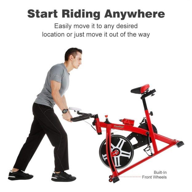 Red and black Finether Exercise Bike Transport Wheels